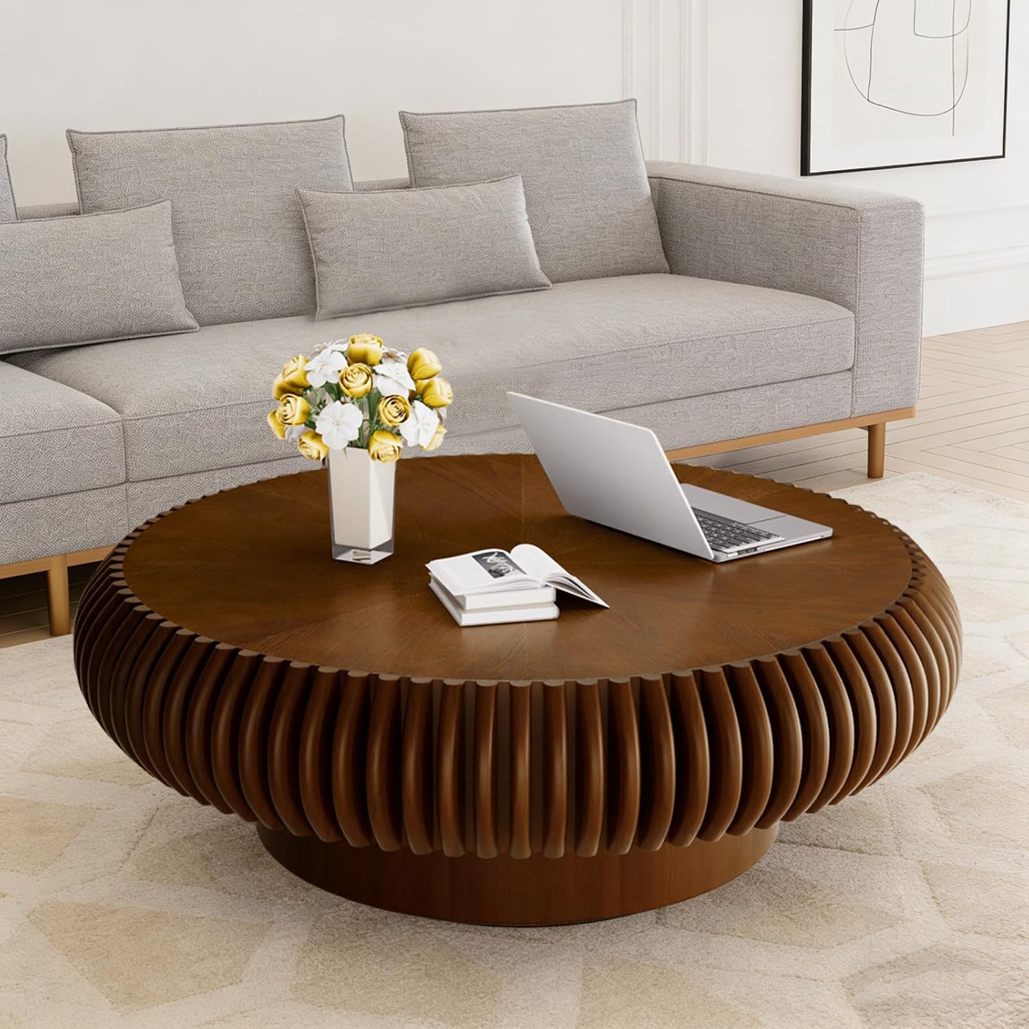 39.37' Round Fluted Coffee Table Unique Contemporary Wood Low Circle Drum Tea Tables with Sturdy Pedestal for Small Space (I Walnut 39.37in)