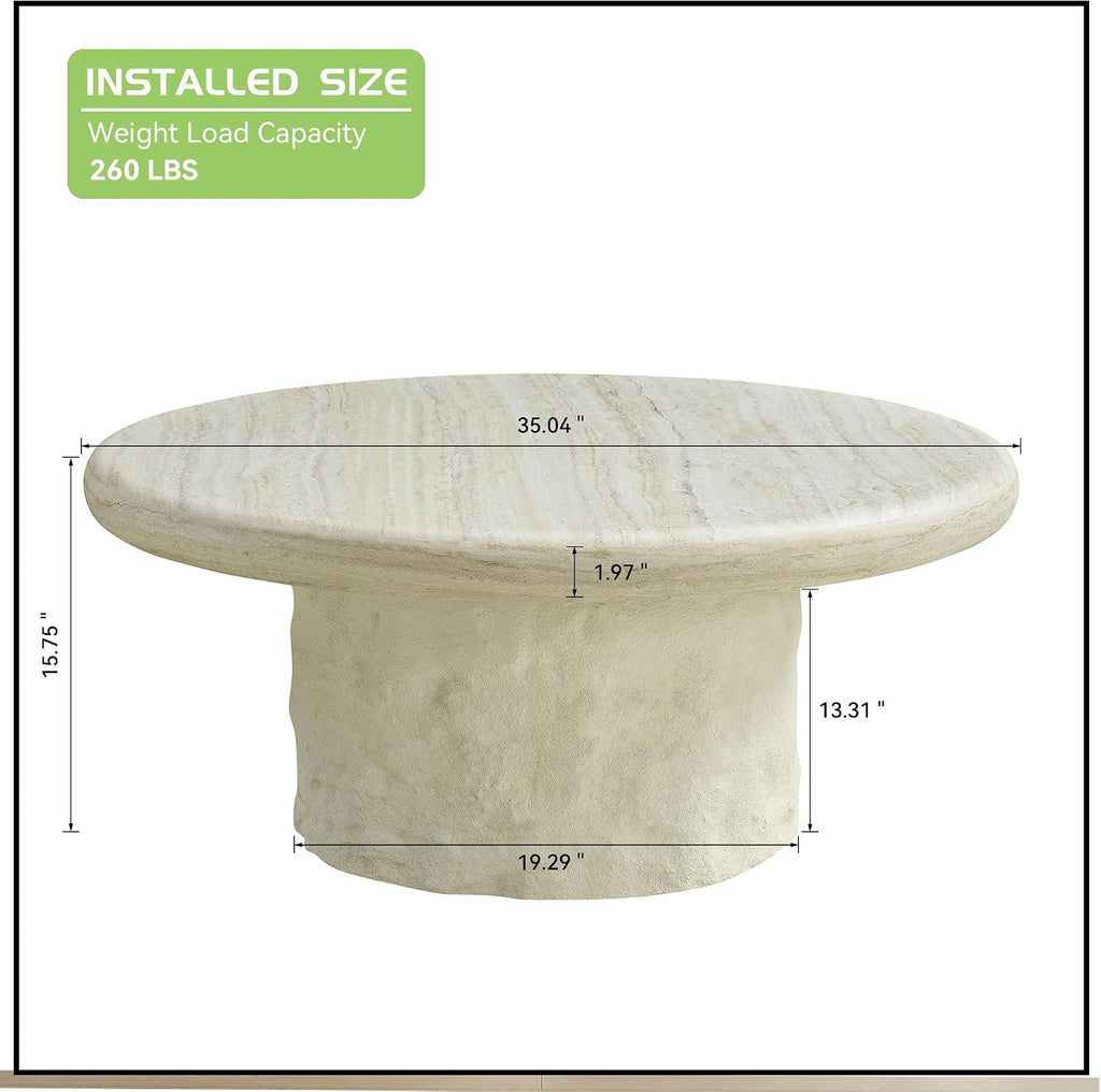 Round Coffee Table for Living Room Modern Faux Marble Center Circle Side Drum Accent Farmhouse Coffee Tables Mid Century for Apartment Bedroom Office Balcony (35.04' x 14.96') Beige