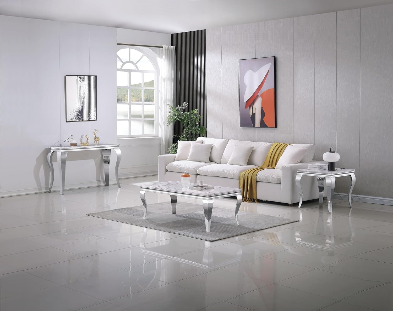 White Marble Coffee Table Set of 2, Modern Faux Marble Coffeee Table and Console Table, Luxury 2 Piece Living Room Table Set with Silver Stainless Steel S-Shape Legs for Apartment Home Office