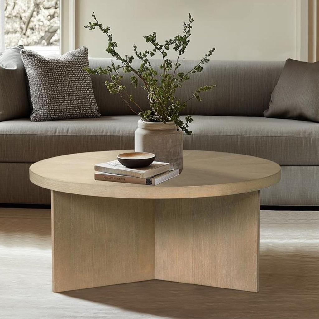 Martha Stewart Sadie Round Coffee Table – Starburst Veneer Top, Reclaimed Greige Wood Finish, Modern Accent for Living Room, Lounge, or Sitting Area, 36' Dia x 16.5' H