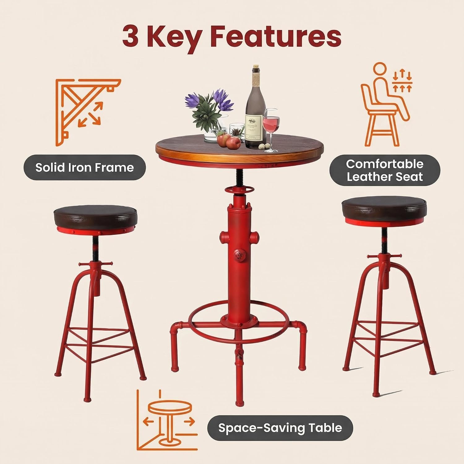 Topower 3 Piece Pub Bar Set Industrial Bar Table and PU Leather Seat Stools for 2, Adjustable Height Coffee Table Farmhouse Stool for Dining Room, Living Room, Coffee Shop, Antique Red