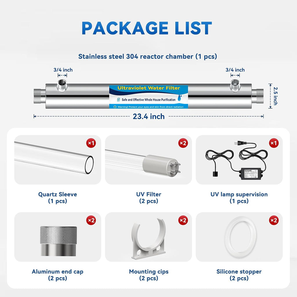 UV Water Filter Whole House, 55W 120V Water Purifier Filter System for Whole House Water Purification, 12GPM, 3/4' MNPT Inlet/Outlet for Purity, +1 Extra Bulb