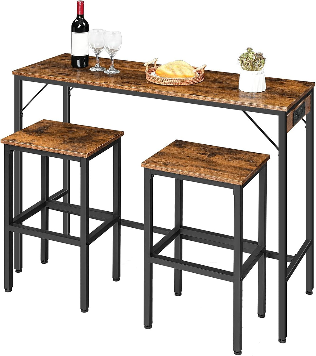 HOOBRO Bar Table and Chairs Set, 47.2' Dining Table Set with Power Outlet, 3-Piece Pub Table Set, Kitchen Bar Height Table with Stools of 2, Space Saving for Living Room, Rustic Brown BF46UBT01
