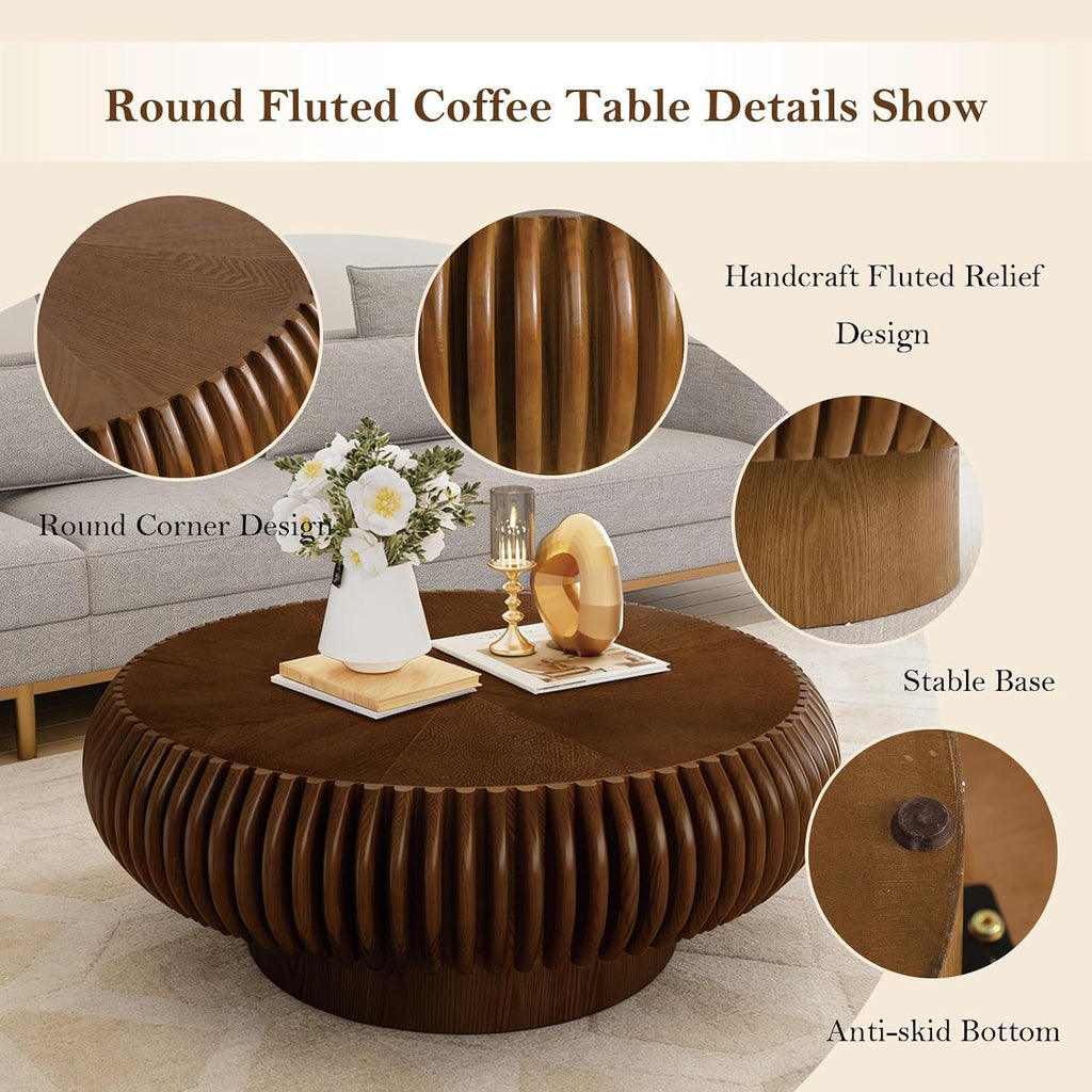 31.49' Round Fluted Coffee Table Unique Contemporary Wood Low Circle Drum Tea Tables with Sturdy Pedestal for Small Space (I Walnut 31.49in)
