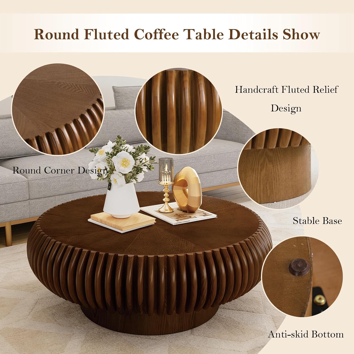 31.49' Round Fluted Coffee Table Unique Contemporary Wood Low Circle Drum Tea Tables with Sturdy Pedestal for Small Space (I Walnut 31.49in)
