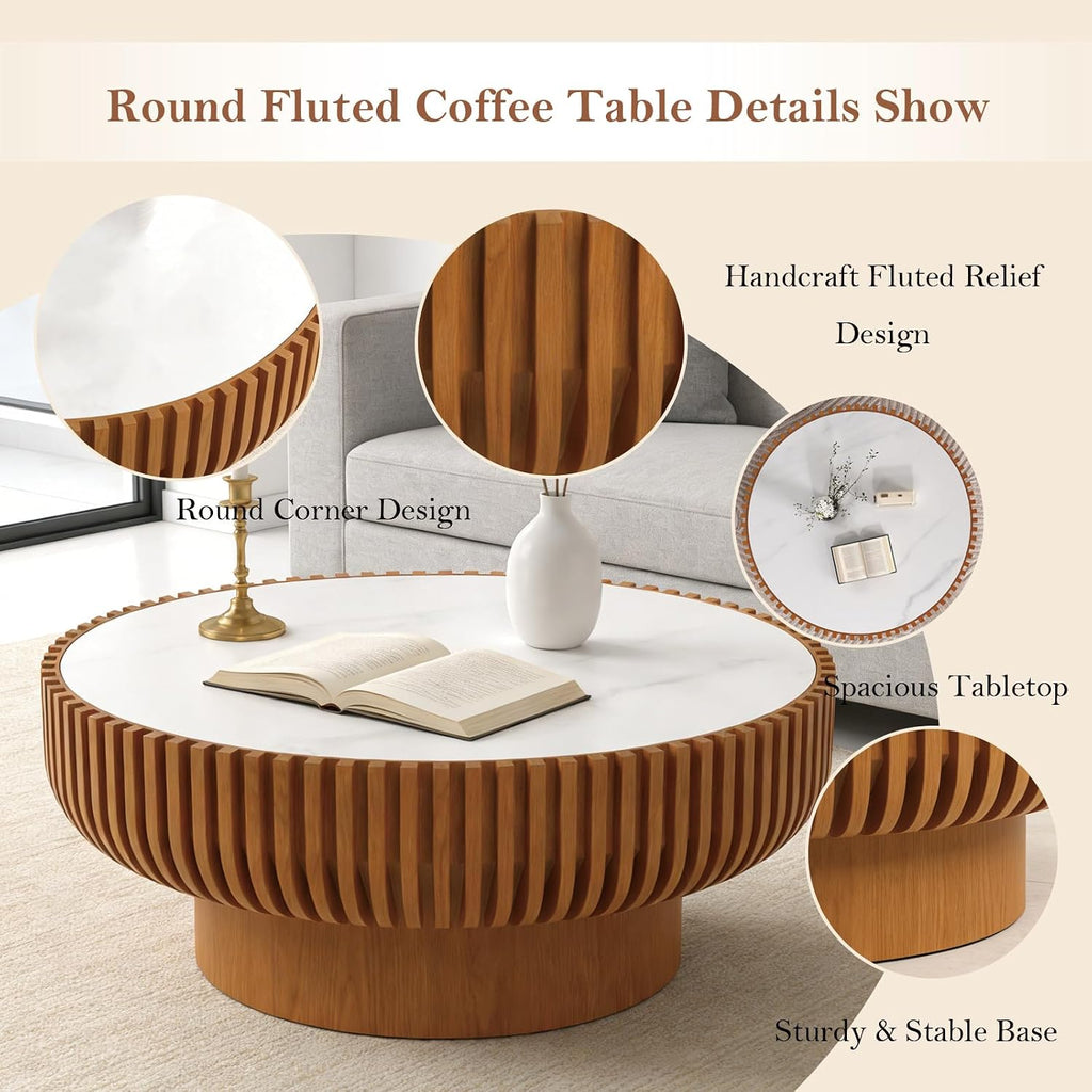 31.5' Round Fluted Coffee Table Unique Contemporary Wood Low Circle Drum Tea Tables with Spacious Rock Slab Tabletop & Sturdy Pedestal for Small Space (K 31.5in)