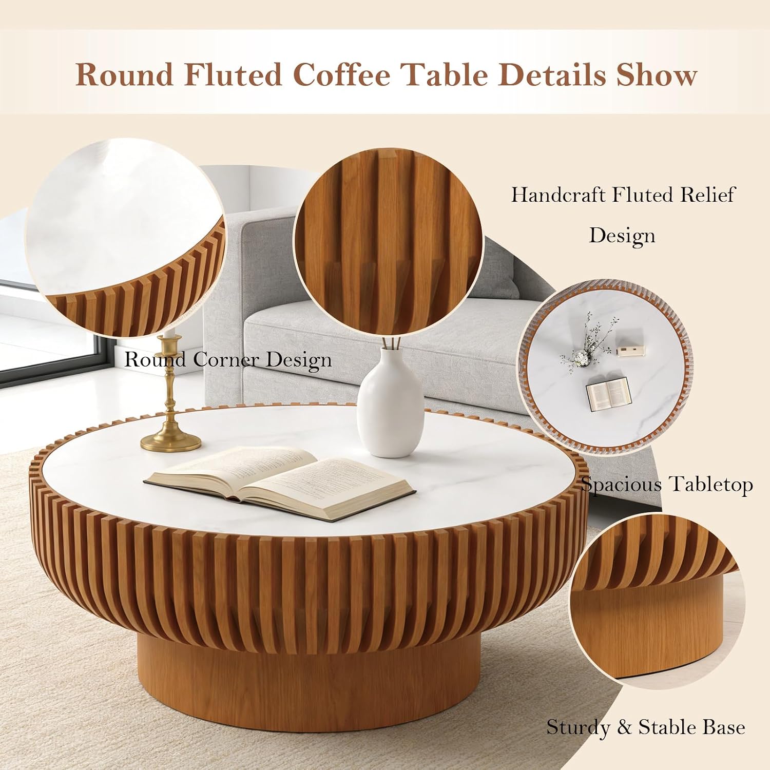 31.5' Round Fluted Coffee Table Unique Contemporary Wood Low Circle Drum Tea Tables with Spacious Rock Slab Tabletop & Sturdy Pedestal for Small Space (K 31.5in)