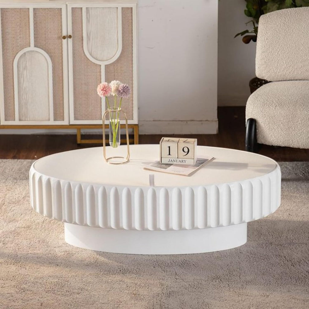 WILLIAMSPACE 43.31' Olive Coffee Table with Storage for Living Room, Modern Oval Fluted Center Table with Lift-Off Lid, Drum Pedestal Tea Table for Apartment, Easy Assembly, White