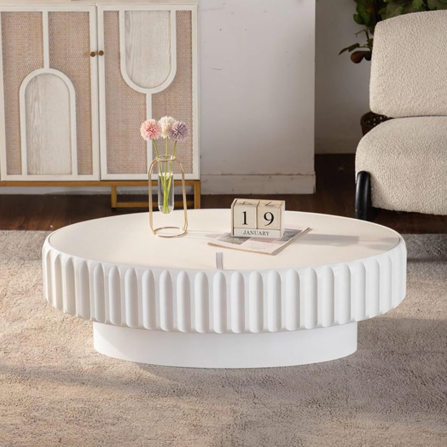 WILLIAMSPACE 43.31' Olive Coffee Table with Storage for Living Room, Modern Oval Fluted Center Table with Lift-Off Lid, Drum Pedestal Tea Table for Apartment, Easy Assembly, White