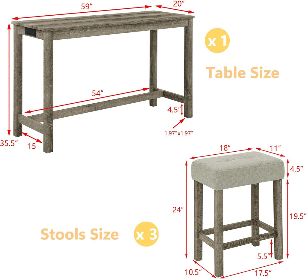 Merax 59' Bar Table Set with Power Outlet,Industrial Breakfast Table with 3 Upholstered Stools w/Footrest,4 Piece Counter Height Bar Table and Chair Set for Living Room,Dining Room,Kitchen,Brown