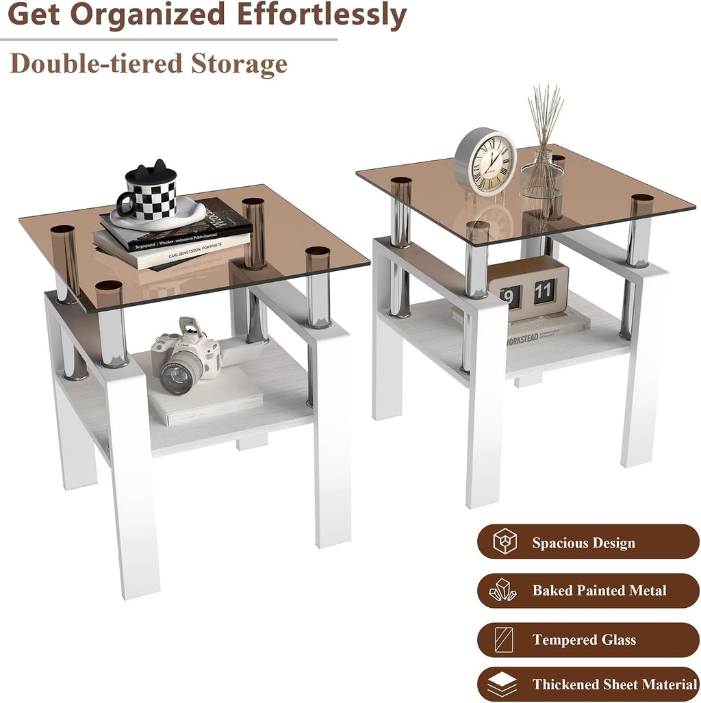 Glass Coffee Table Sets of 3 for Living Room, Mordern End Table Sofa Side Tables with Storage, White Metal Leg, Brown Glass Tabletop Rectangle Tempered Center Table Home Furniture Set