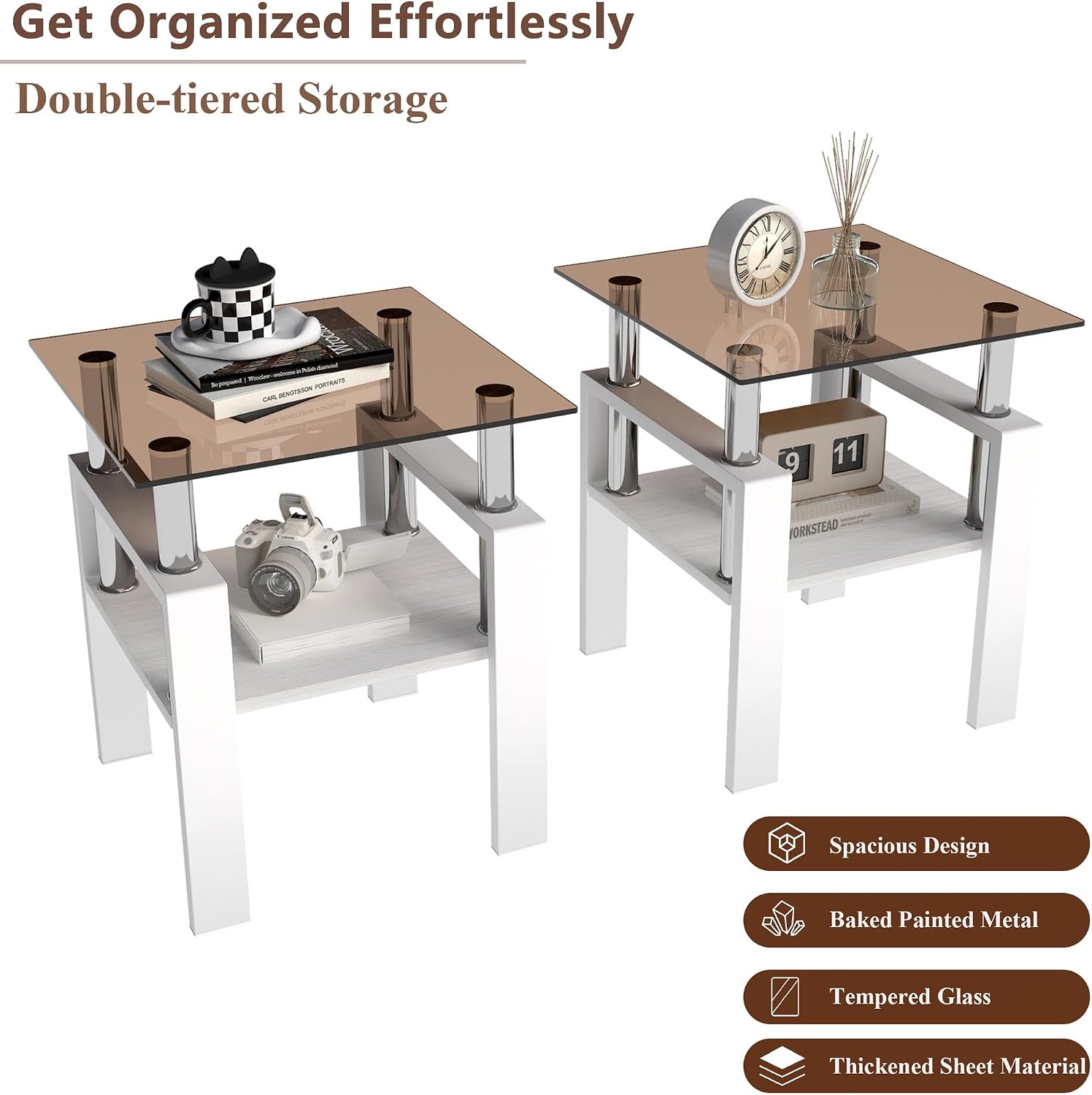Glass Coffee Table Sets of 3 for Living Room, Mordern End Table Sofa Side Tables with Storage, White Metal Leg, Brown Glass Tabletop Rectangle Tempered Center Table Home Furniture Set
