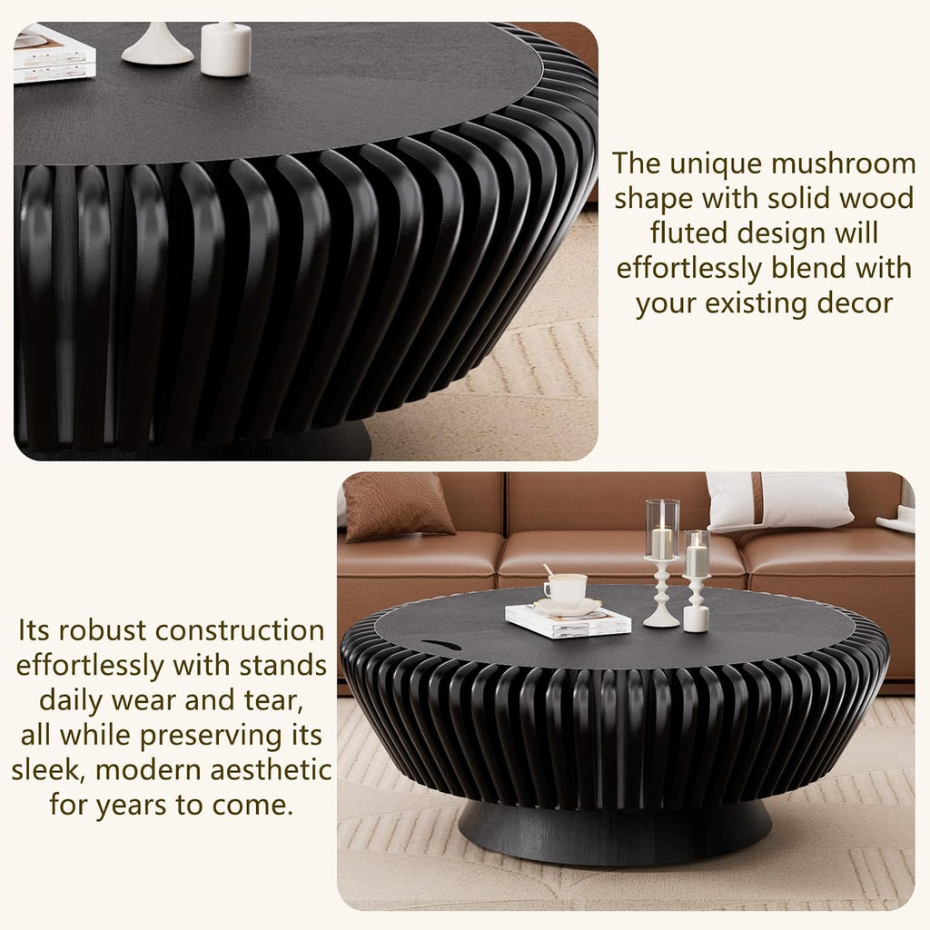 Modern Wood Fluted Round Coffee Table with Storage - Handcraft Drum Coffee Tables with Sturdy Base, Accent Center Table Small Circle Coffee Table for Living Room,Office, Apartment (Black 35.4')