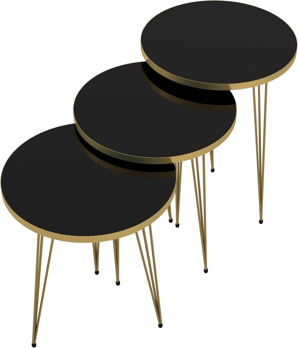 Set of 3 High Gloss Black Gold Legs Nesting End Tables Round Wood Stacking Coffee Side Accent Table with Metal Legs for Living Room, Home Office, Nightstands for Bedroom
