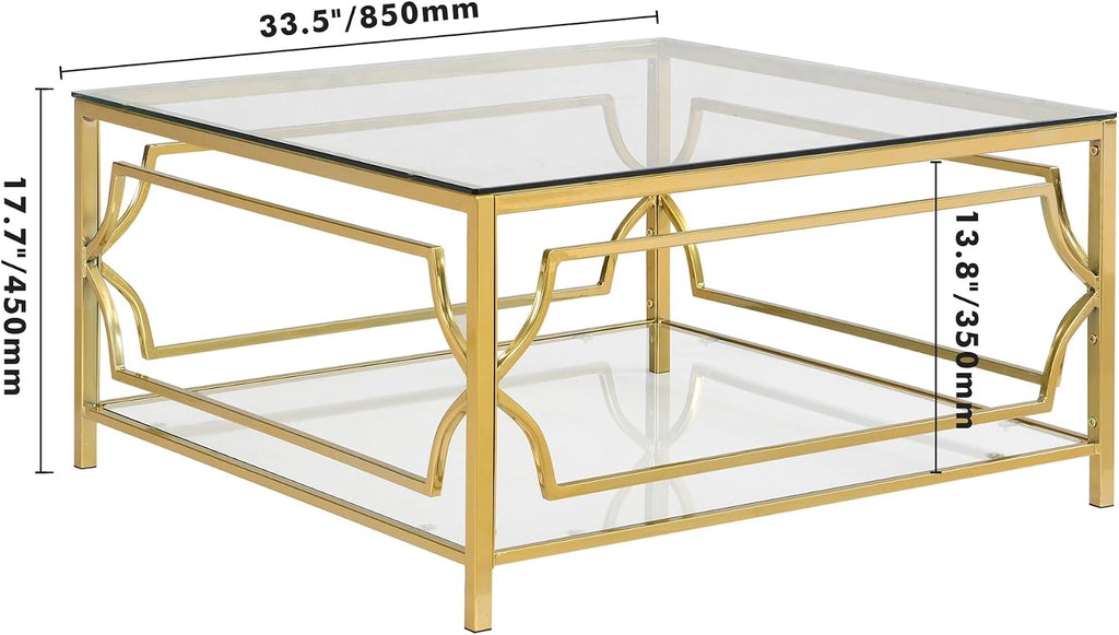 33.5'' Tempered Glass Square Coffee Table for Living Room, 2-Tier Modern Coffee Table, Mirror Tabletop & Metal Base, Easy Assembly, Transparent & Gold