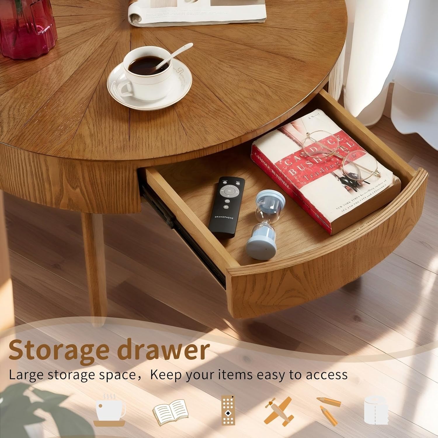 Round Wood Coffee Table for Living Room, Modern Wood Table with Storage, Wooden Circle Coffee Table, 29.14' L x 29.14' W x 15.87' H