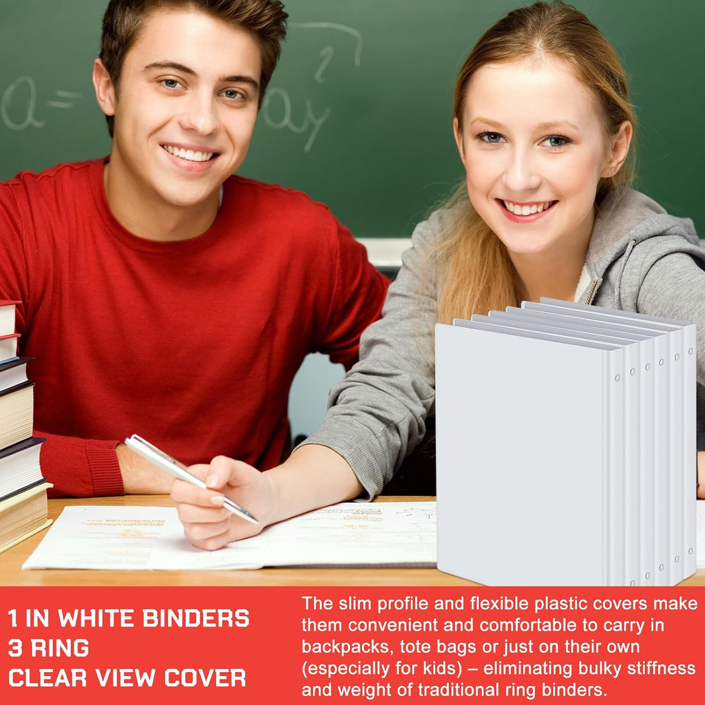 Fulmoon 100 Pcs 3 Ring Binders 1 Inch, Plastic Flexible Binders in Bulk with 2 Interior Pockets,Hold 175 Sheets with Clear Cover for Office, Home, and School(White)