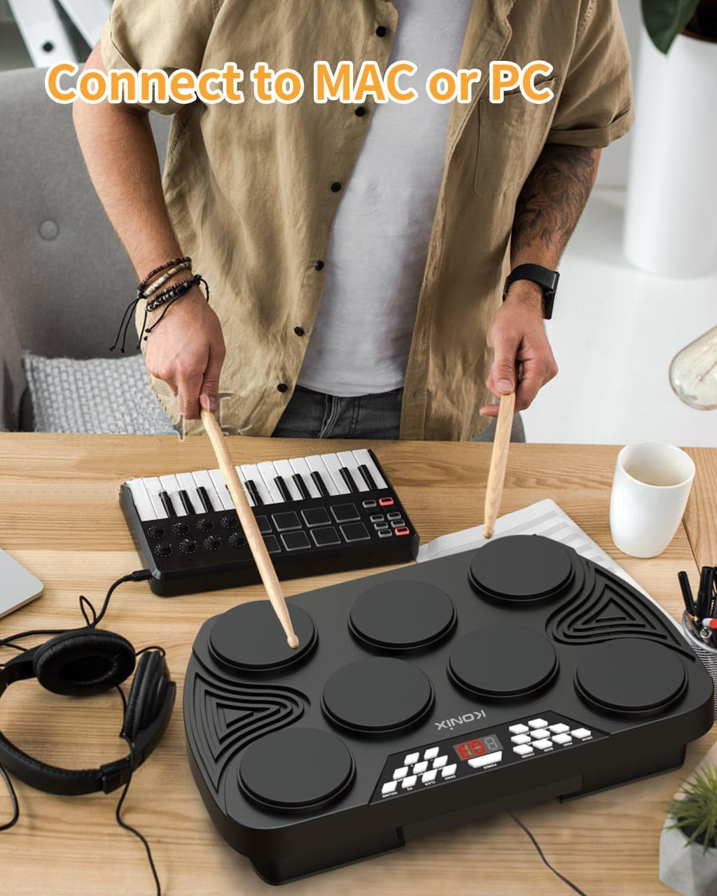 KONIX Electronic Tabletop Drum Set, Portable Electric Drum Kit with 7 Velocity Sensitivity Drum Pads, LED Drum Light, USB-MIDI Mac & PC Support, Ideal Gift for Adult and Beginners