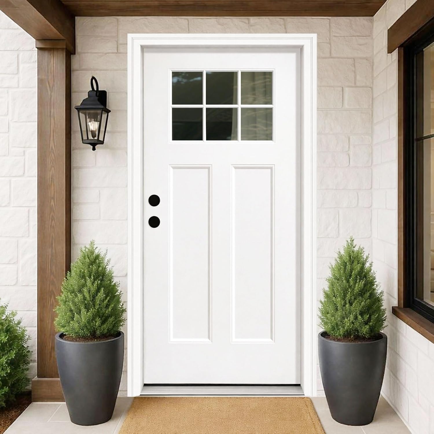 Fiberglass Entry Door, 36'' x 80' with Brickmould,Vinyl Frame,White Primed, Right Hand Inswing, Front Entry Knock-Down Door, 2-Panel Craftsman, 6-Lite Low-E Glass