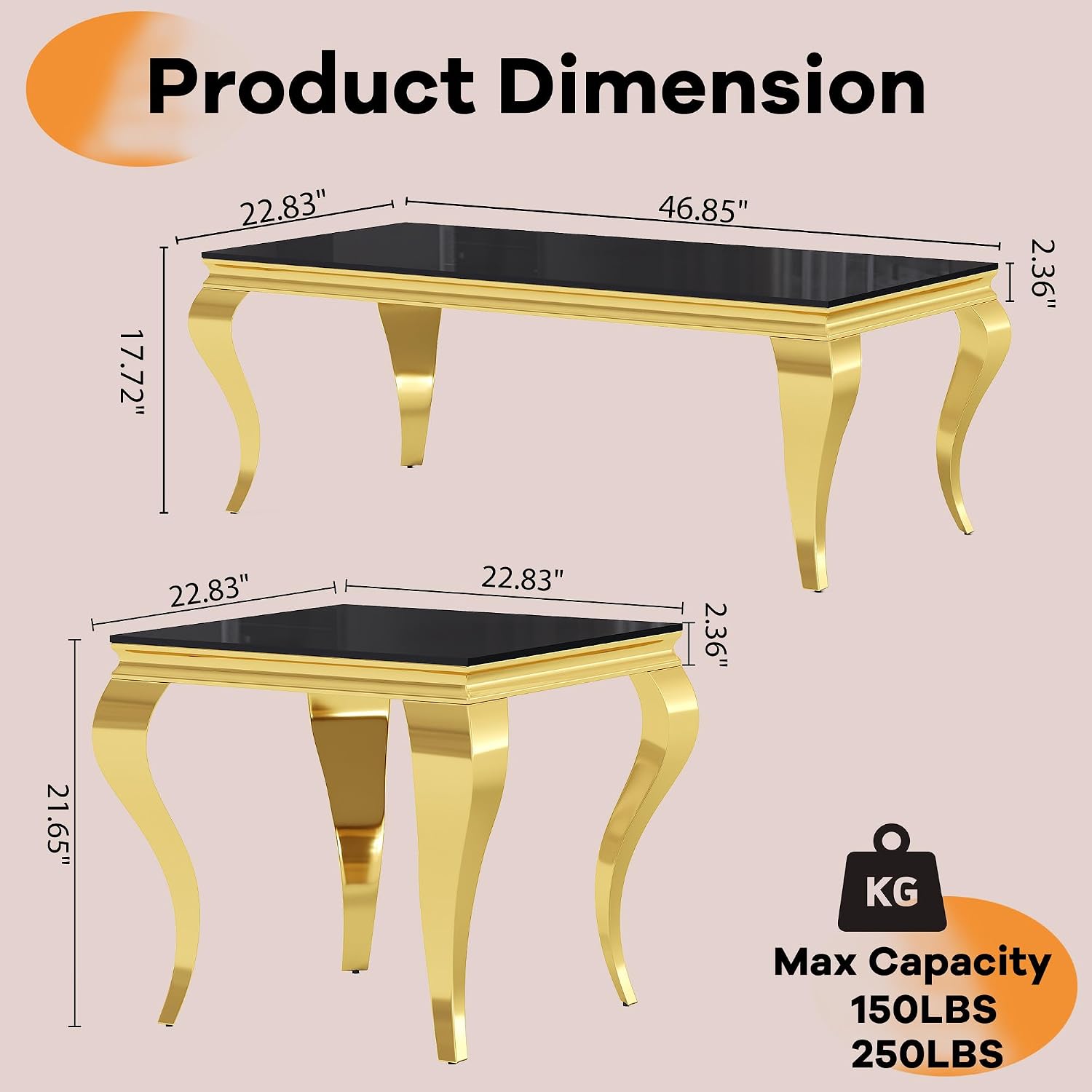 Glass Coffee Table Set of 3, Modern 3 Piece Living Room Set Include 1 Coffee Table and 2 End Tables, with Black Tempered Glass Top and Gold Stainless Steel Legs for Apartment