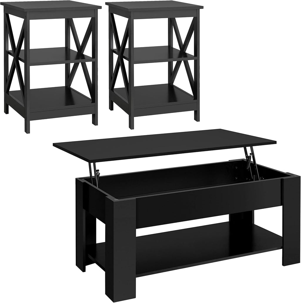 Yaheetech 38.6in Lift Top Coffee Table with 3 Tier Sofa Side End Table, Wood Living Room Tables Sets, Lift Top Coffee Tables with Stoage & Open Shelf and X Shape, Black