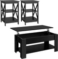 Yaheetech 38.6in Lift Top Coffee Table with 3 Tier Sofa Side End Table, Wood Living Room Tables Sets, Lift Top Coffee Tables with Stoage & Open Shelf and X Shape, Black