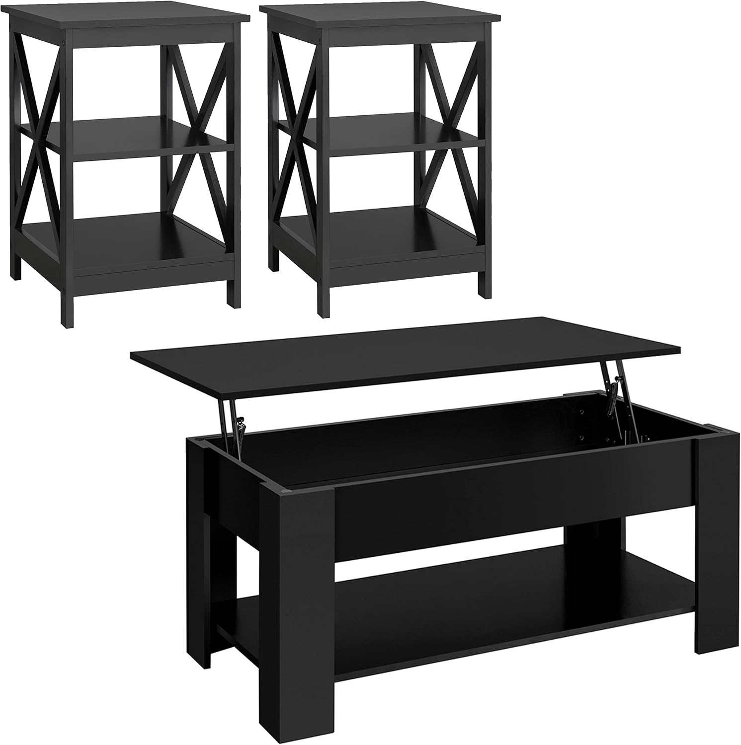 Yaheetech 38.6in Lift Top Coffee Table with 3 Tier Sofa Side End Table, Wood Living Room Tables Sets, Lift Top Coffee Tables with Stoage & Open Shelf and X Shape, Black