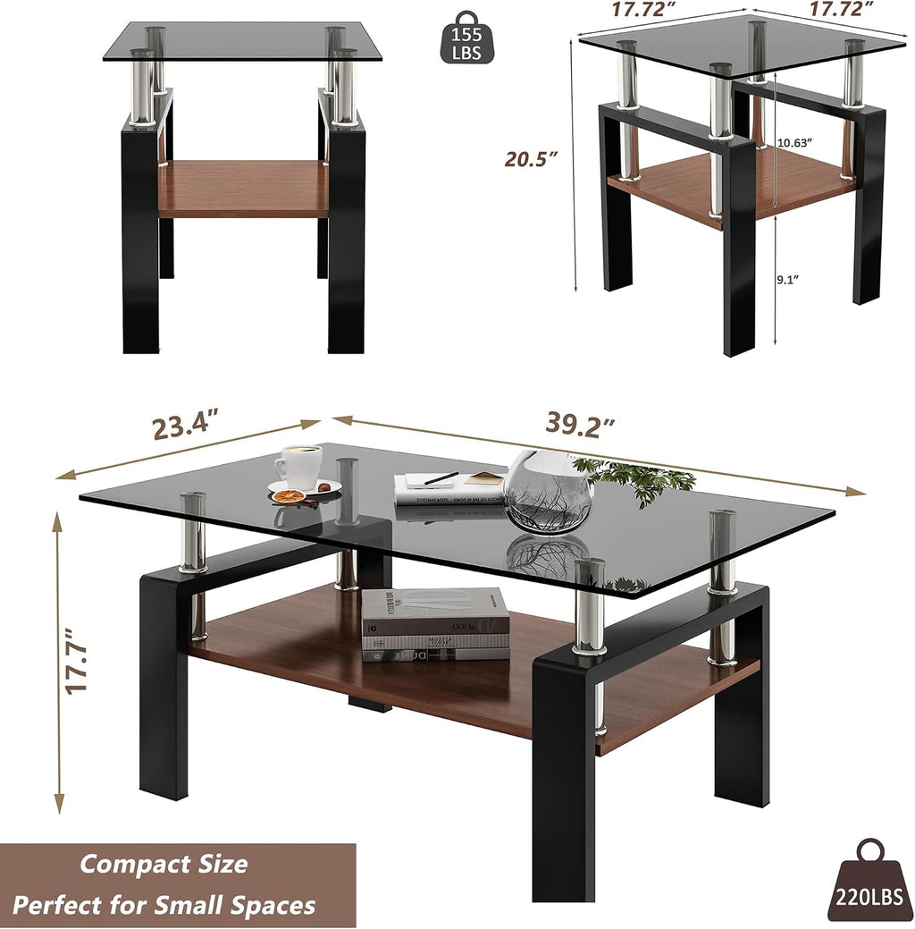 Modern Glass Coffee Table Set of 3 with Storage, Black End Tables with Metal Leg, Gray Rectangle Tempered Glass Center Table for Living Room Furniture
