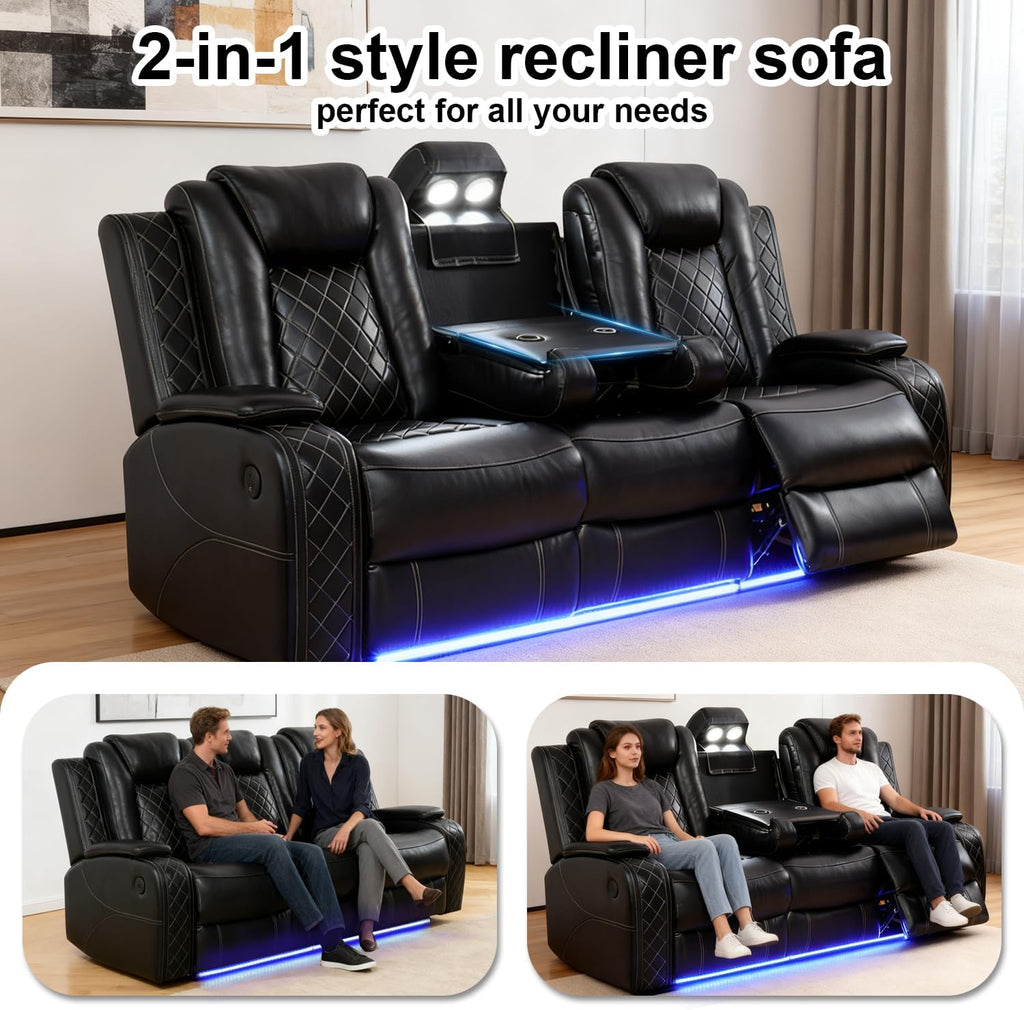 Power Leather Recliner Sofa with LED Lights, Power Reclining Couch,Leather Sofa with Coffee Table/Arm Storage for Living Room/Home Theater(Black,3 Seater)