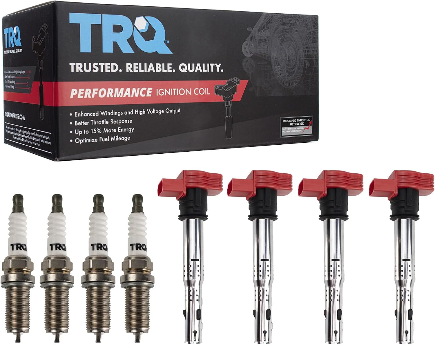 TRQ Ignition Coil and Spark Plug Kit 8 Piece Iridium Spark Plugs Compatible with 2012-2013 Volkswagen Jetta 2009-2017 Tiguan 2011-2016 Audi Q5 2005-2016 A4 2006-2014 GTI 2010-2015 TT Quattro