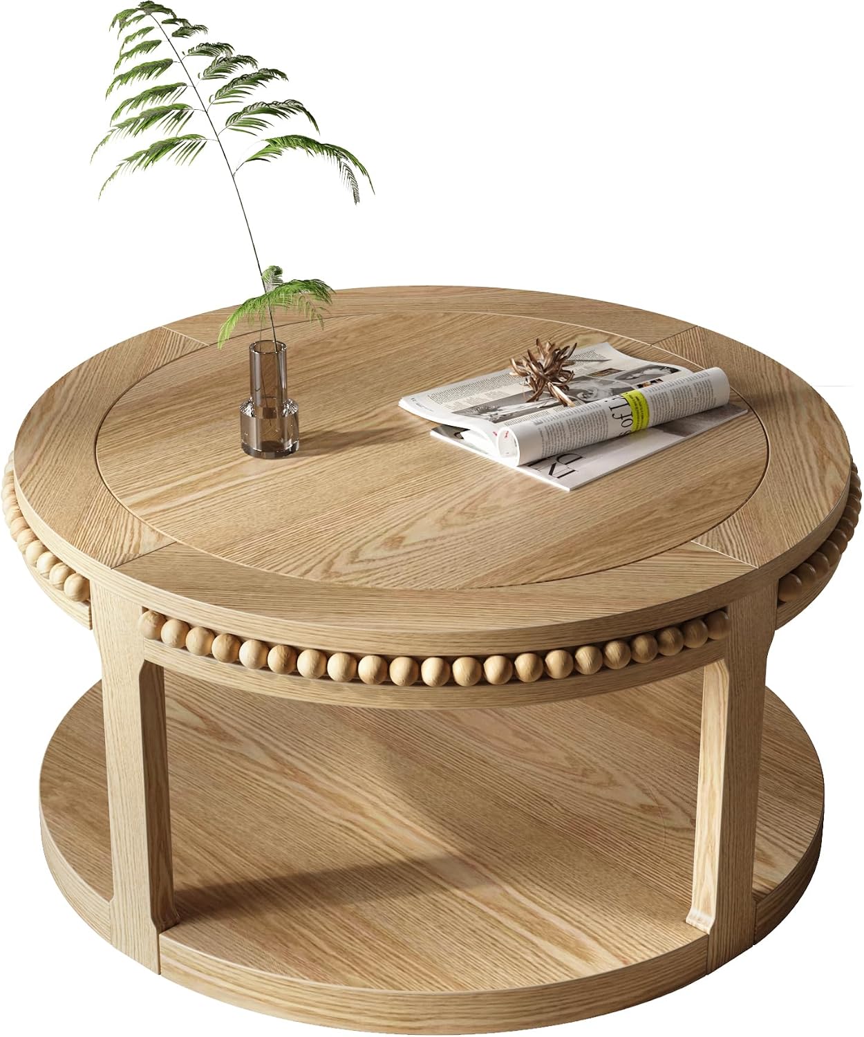 31.5'' Round Coffee Table, 2-Tier Modern Rustic Wood Circle Coffee Table for Living Room, Easy Assembly, Natural