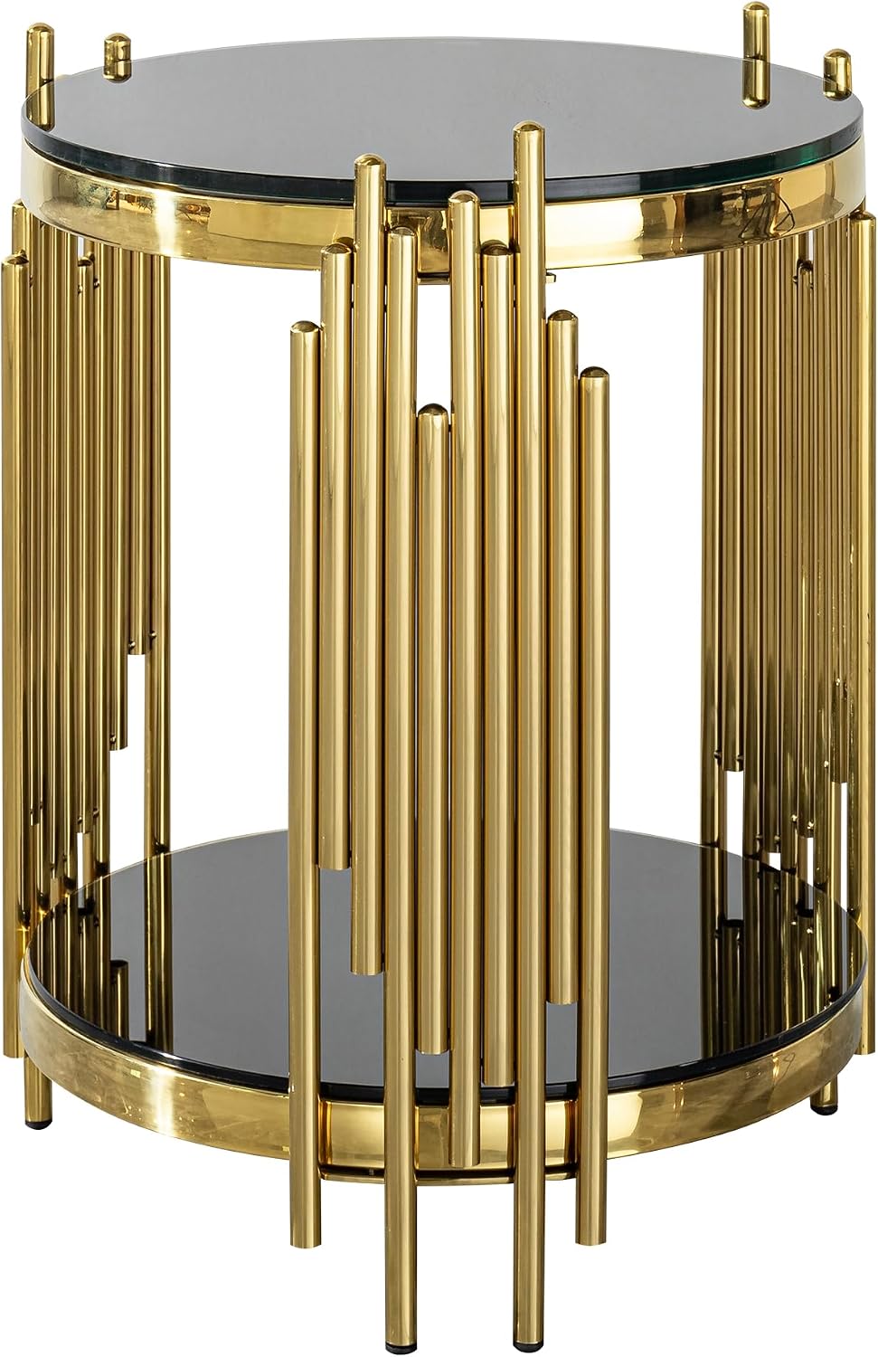 17.72'' Tempered Glass Side Table for Living Room, 2-Tier Modern Circle End Table, Glass Tabletop & Stainless Steel Frame, Easy Assembly, Black & Gold