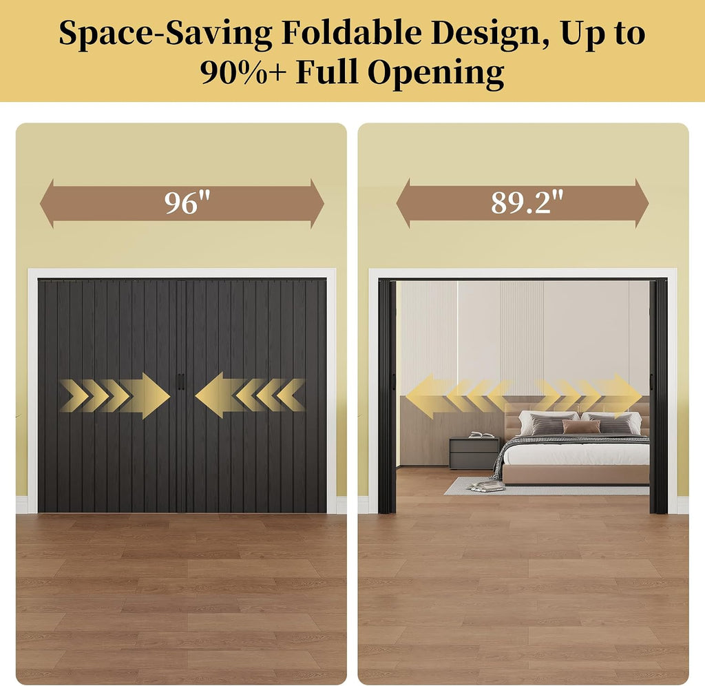 96' x 80' PVC Interior Accordion Door, Suitable for Opening Width 73'-96', Trimmable Height & Width, Room Dividers for Pantry Laundry Closet RV, Strong Magnet Folding Doors, Easy to Install, Black