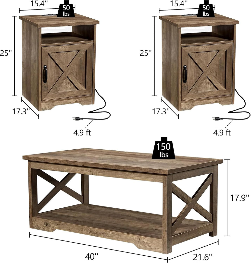 LUXOAK 3-Piece Farmhouse Living Room Table Sets, Includes 1 x Coffee Table, 2 x End Tables with Charging Station & USB Ports, Rustic Coffee Table Set of 3, Barnwood