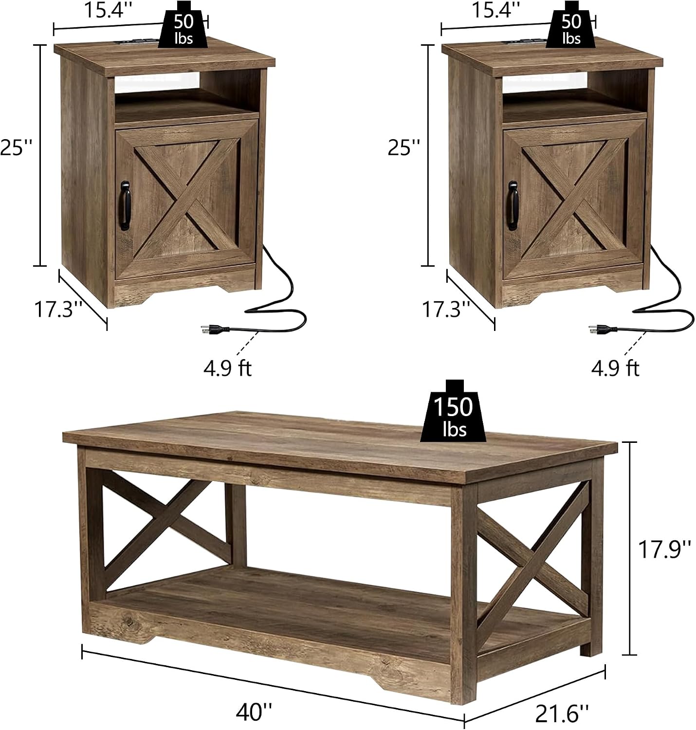 LUXOAK 3-Piece Farmhouse Living Room Table Sets, Includes 1 x Coffee Table, 2 x End Tables with Charging Station & USB Ports, Rustic Coffee Table Set of 3, Barnwood