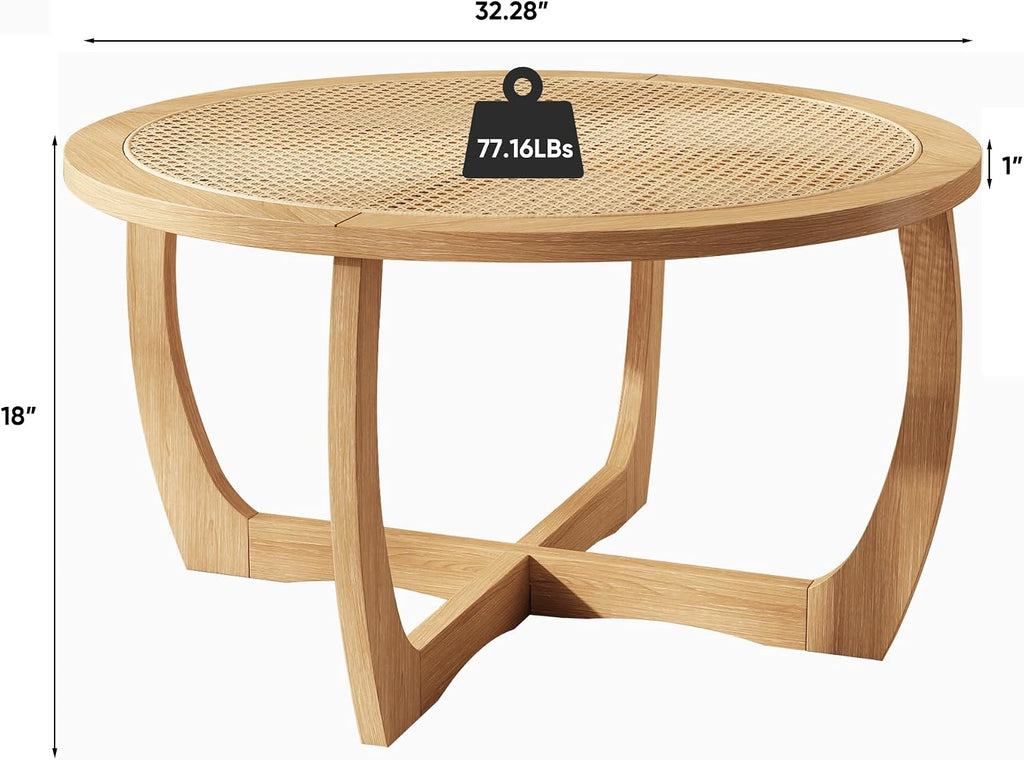 PADMA HOUSE Round Wood Coffee Table with Handmade Rattan Top, Solid Circle Wooden Center Table with Curved Legs, Farmhouse Cocktail Table for Living Room, Light Brown 32.28' x 18'