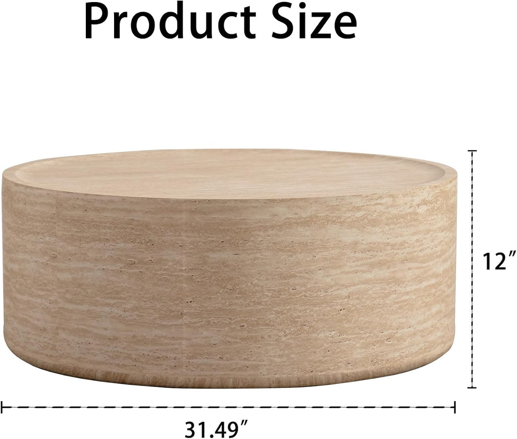 Modern Drum Coffee Table Faux Travertine Finish Wood Coffee Tables Round Center Table for Living Room Home Office,31.5'- Fully Assembled