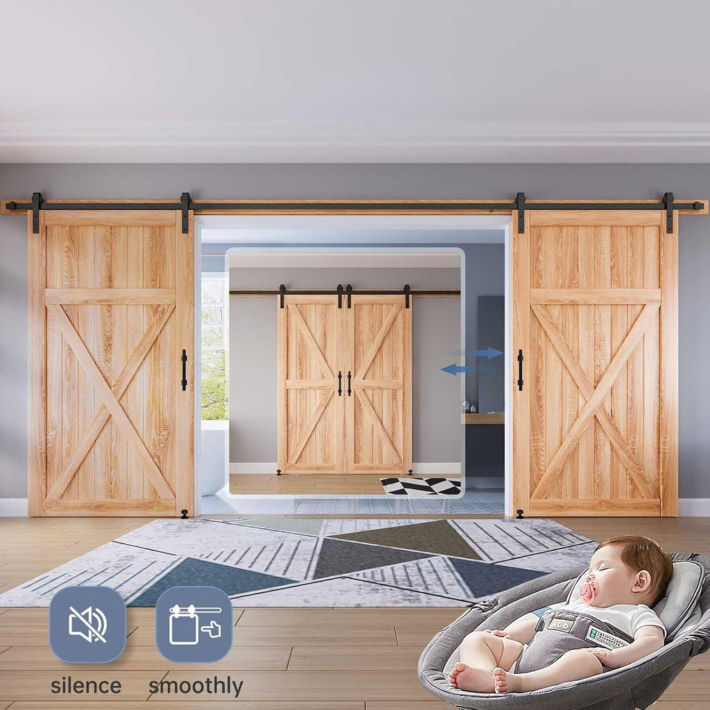 EaseLife 14 FT Double Sliding Barn Door Track and Handle Hardware Kit,Basic J Pulley,Slide Smoothly Quietly,Easy Install (14FT Track Kit Fit for 40'~42' Wide Double Door)