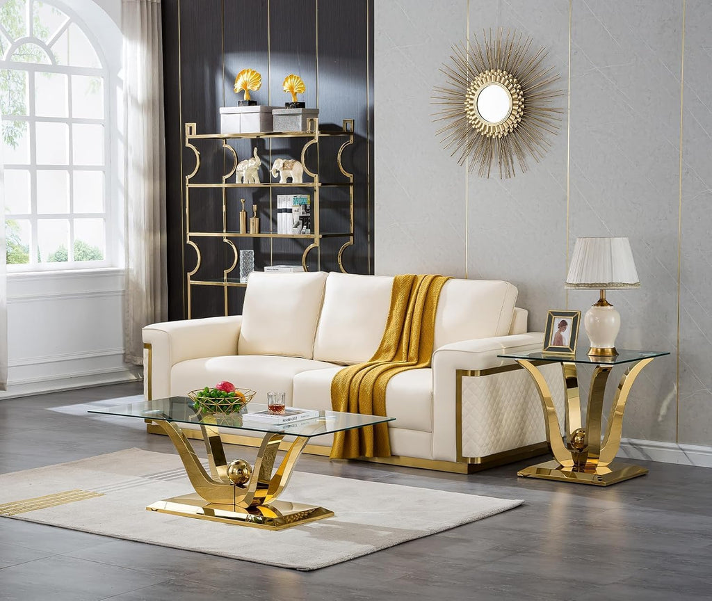 Modern Gold Glass End Table, Sqaure Sofa Side Table with Tempered Glass Top & Gold Stainless Steel Frame, Luxury Glass Accent End Table Bedside Table Nightstand for Living Room Bedroom