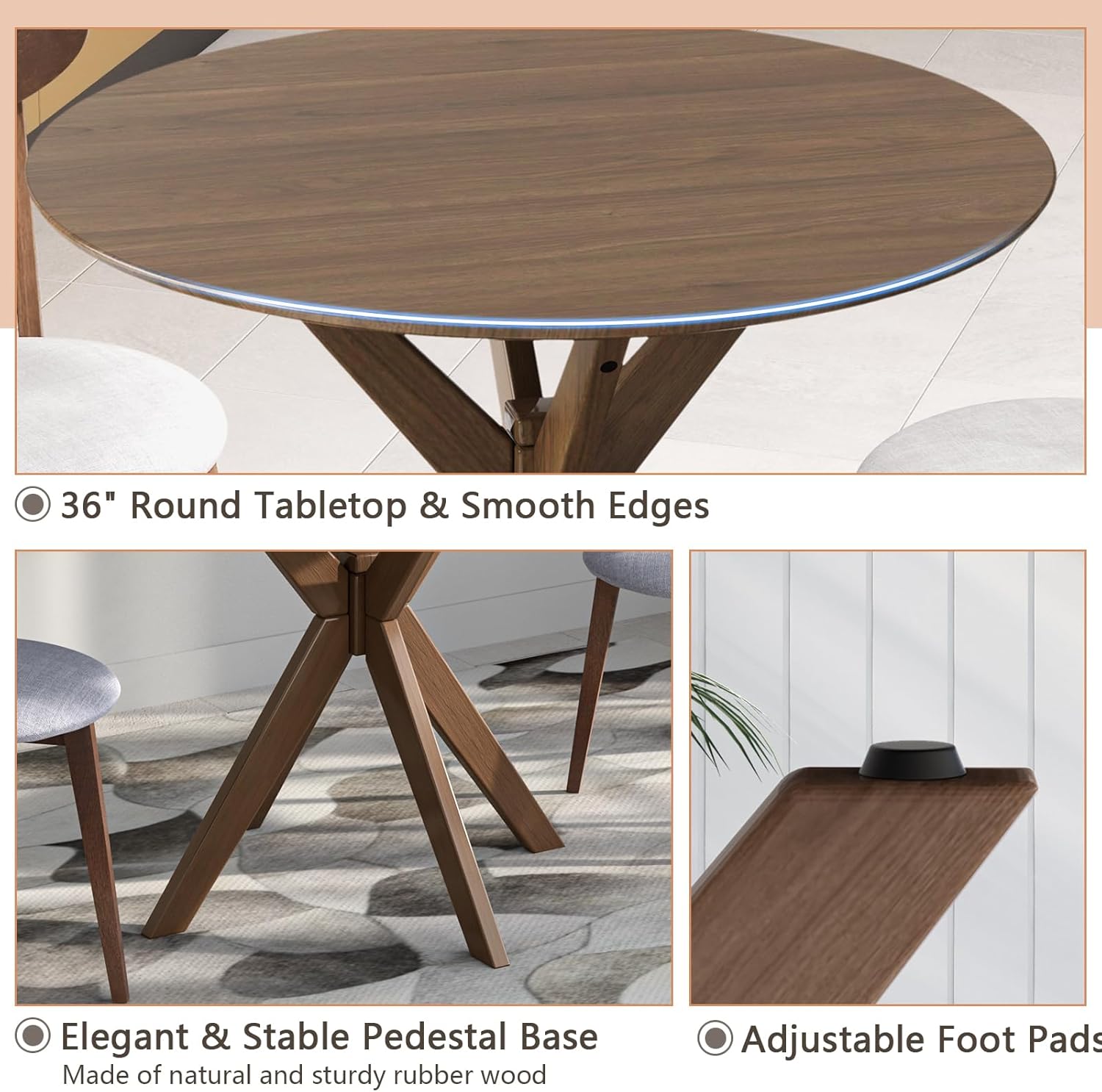 Tangkula Mid-Century Modern Round Dining Table Set for 2, Wooden Kitchen Table & 2 Chairs with Cushioned Seats, Compact 3-Piece Dining Set for Small Spaces, Kitchen, Living Room