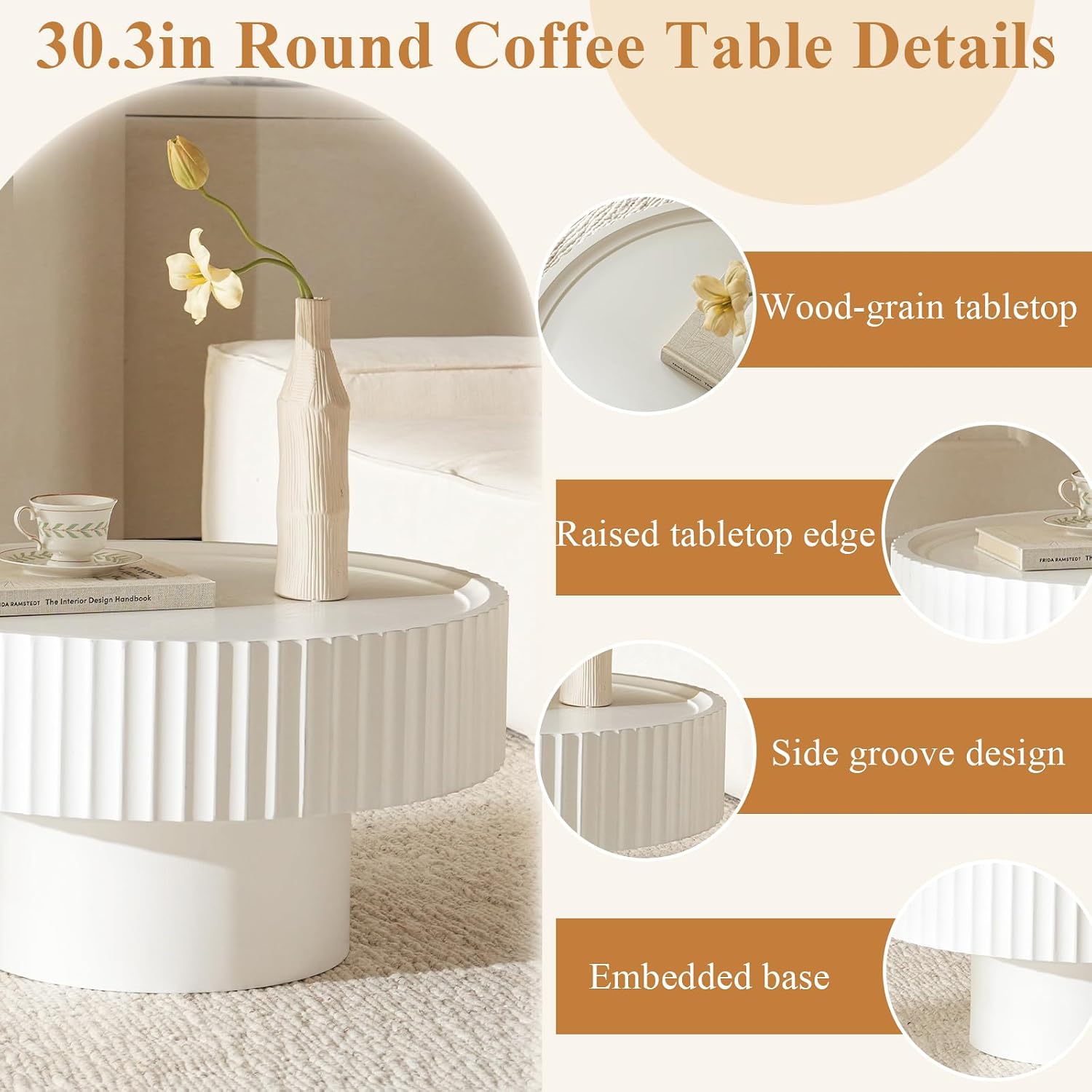 Round Coffee Table, 30.3in Modern Living Room Table, Fluted Drum Circle Tea Table with Storage, Accent Center Tables for Living Room, Apartment, Small Space (White)