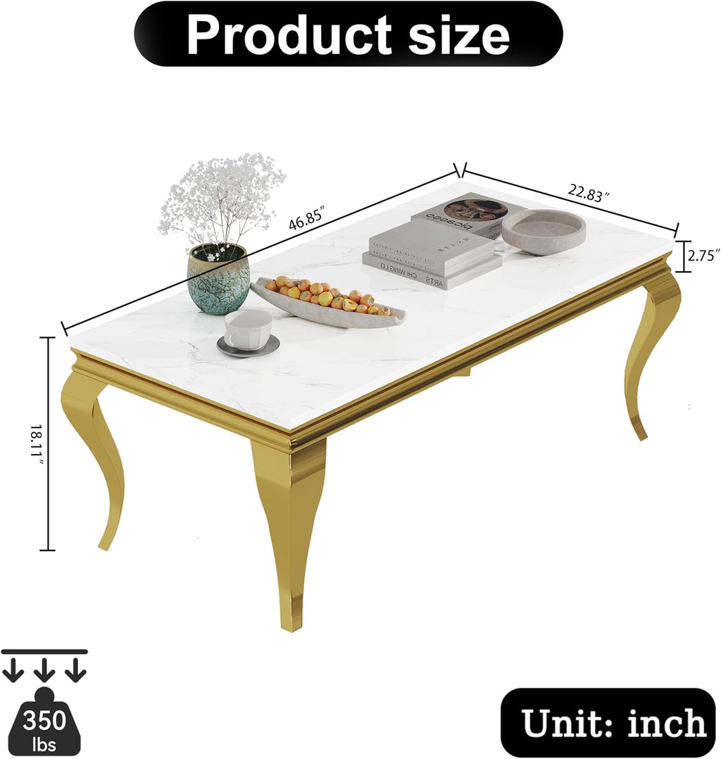 47' Marble Coffee Table for Living Room, Modern White Coffee Table with Gold Stainless Steel S-Shaped Legs, Faux Marble Rectangle Center Table Accent Cocktail Table for Home,Office