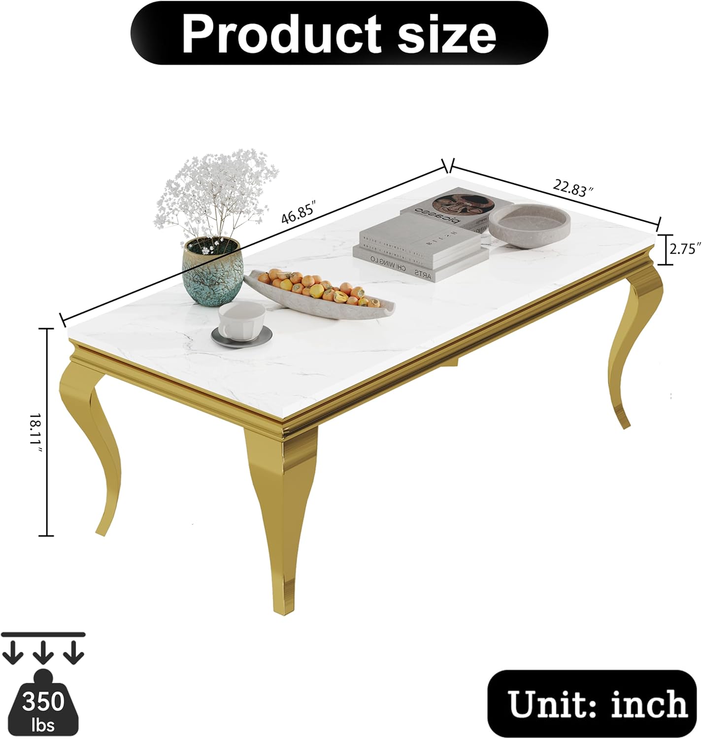 47' Marble Coffee Table for Living Room, Modern White Coffee Table with Gold Stainless Steel S-Shaped Legs, Faux Marble Rectangle Center Table Accent Cocktail Table for Home,Office