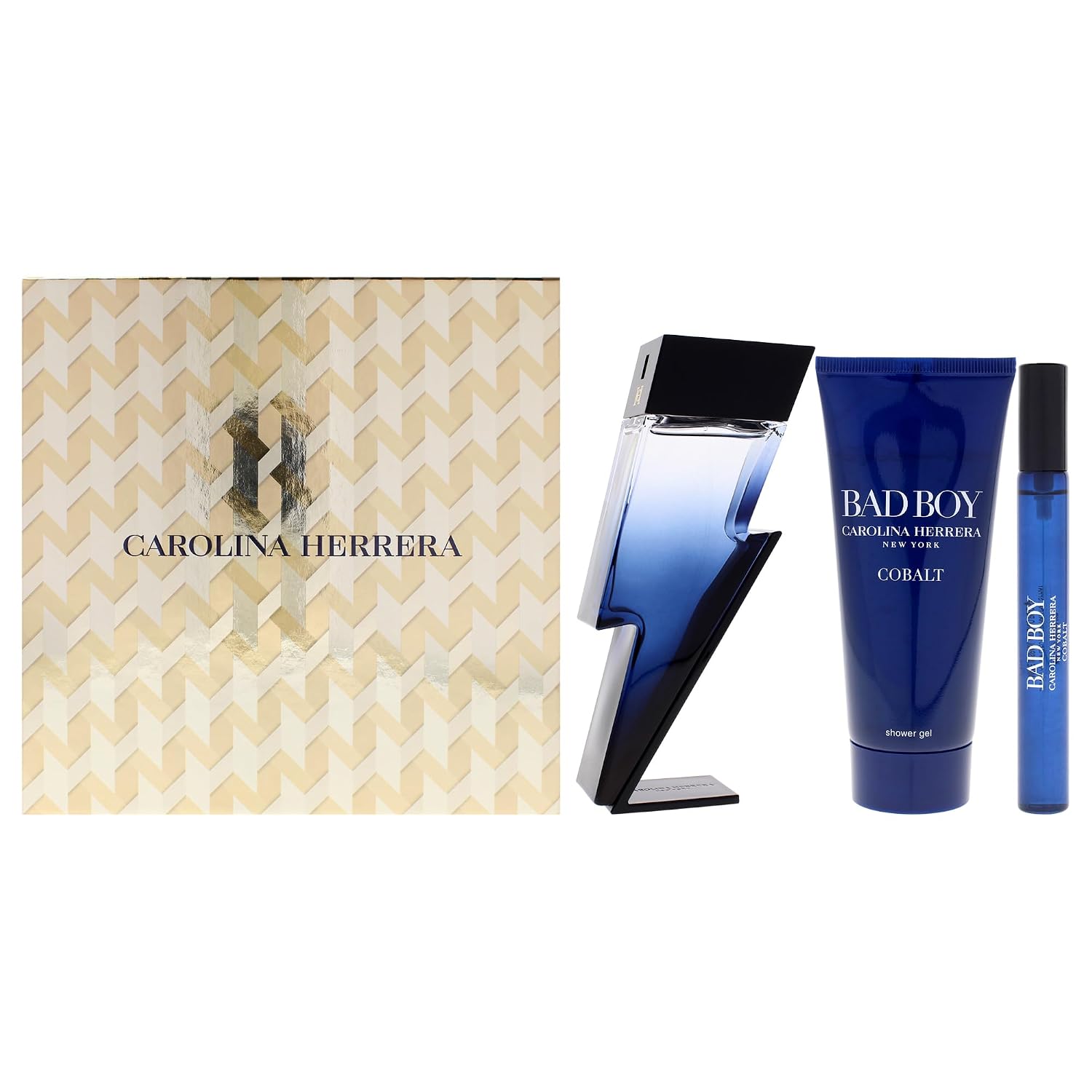 Bad Boy Cobalt Electrique by Carolina Herrera for Men - 3 Pc Gift Set 3.4oz EDP Spray 0.34oz EDP Spray (Mini), 3.4oz Shower Gel