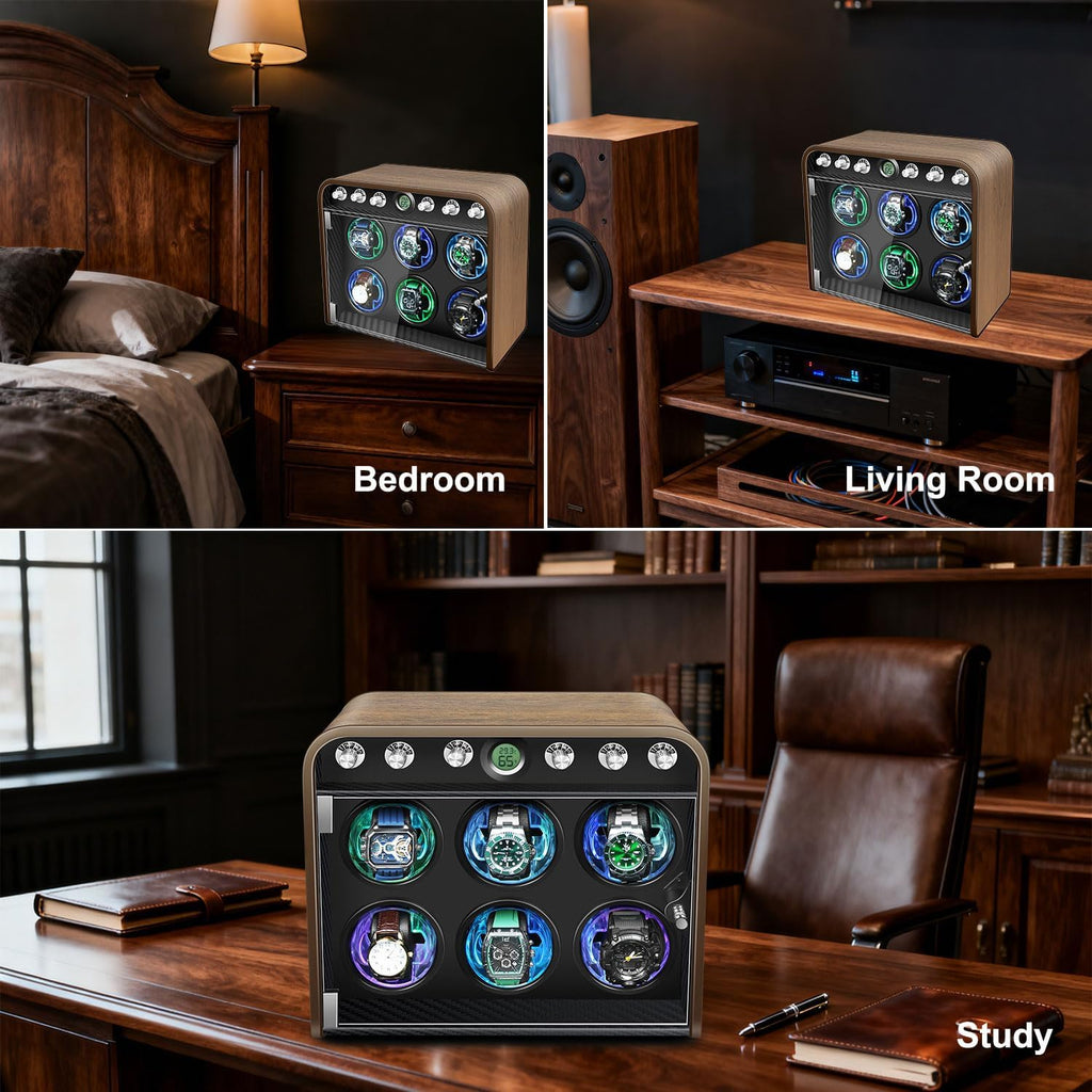 Watch Winder for Automatic Watches, Watch Winders Box 1/2/4/6/9 Slot for Rolex,Silent Motor, 4 Rotation Mode Setting,Built-in led Lights,Gift for Man