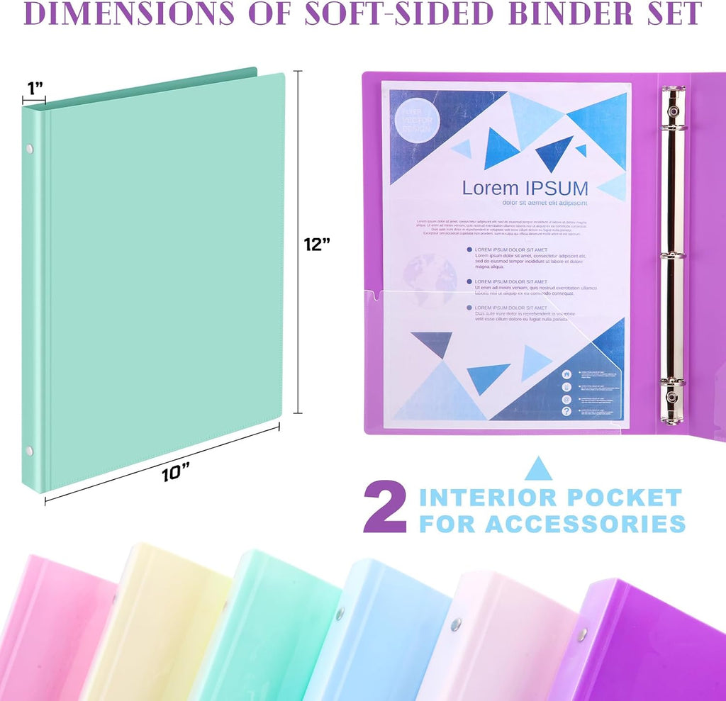Fulmoon 48 Pack 3 Ring Plastic Binders 1 Inch Bulk with 2 Pockets, Flexible Binder Loose Leaf Hardcover, Fit 12' x 10' US Letter Size Paper, for School Office Home, 6 Colors(Macaron)
