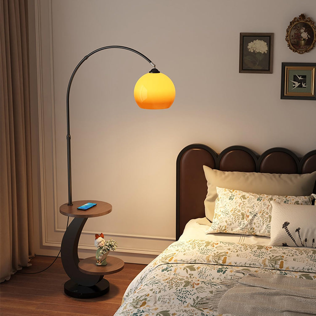 Bofea-Arc Floor Lamps for Living Room,Black Floor Lamp with Table | Wood End Side Table with Lamp,Adjustable Orange Lamps Over Sofa,Warm Lighting,Mid Century Standing Light for Couch