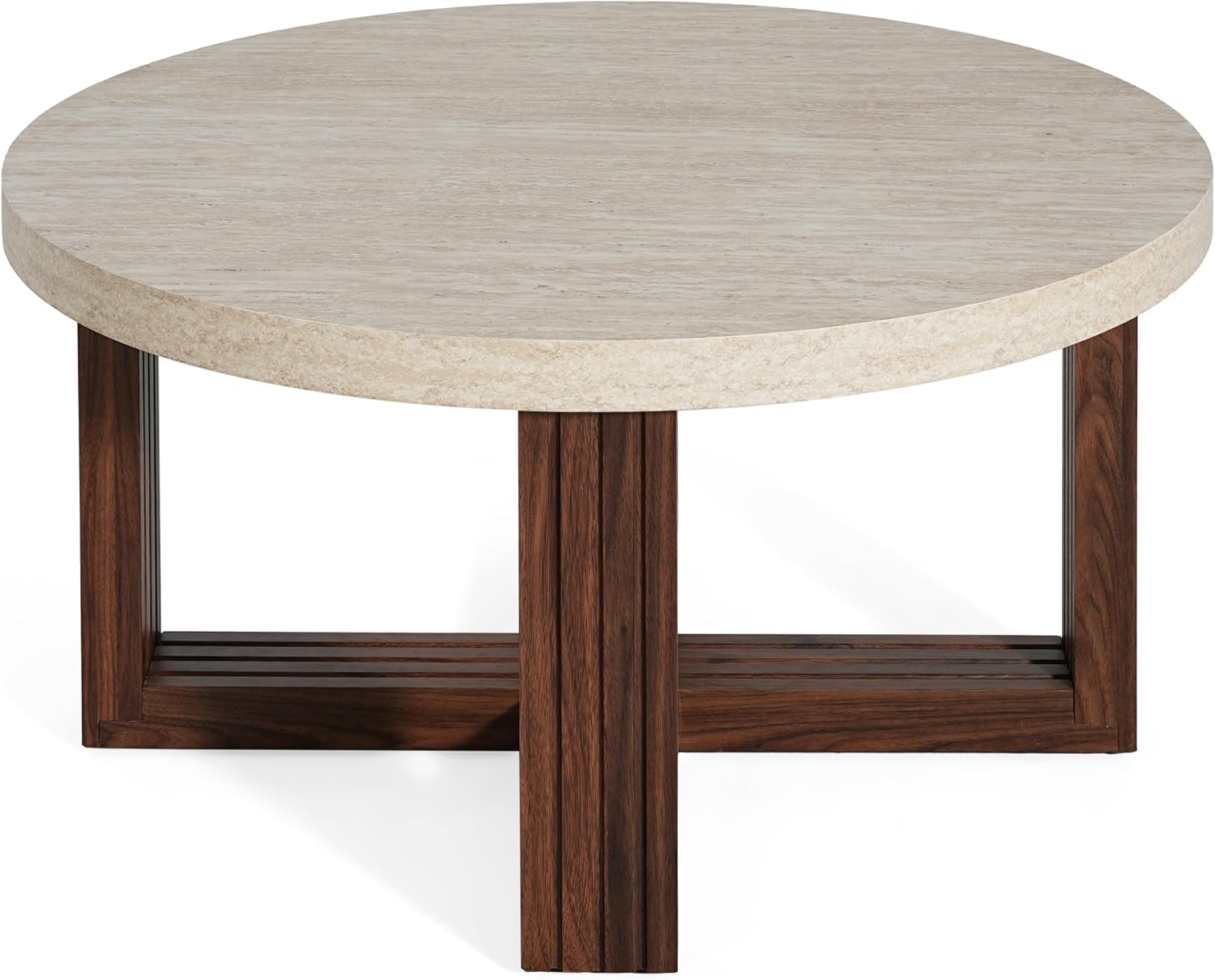 Christopher Knight Home Yone 31.5'' Modern Round Coffee Table for Living Room Furniture/Apartment, Side Table with Marble Pattern Top, Wooden End Table with Cross Metal Base, Brown + Beige