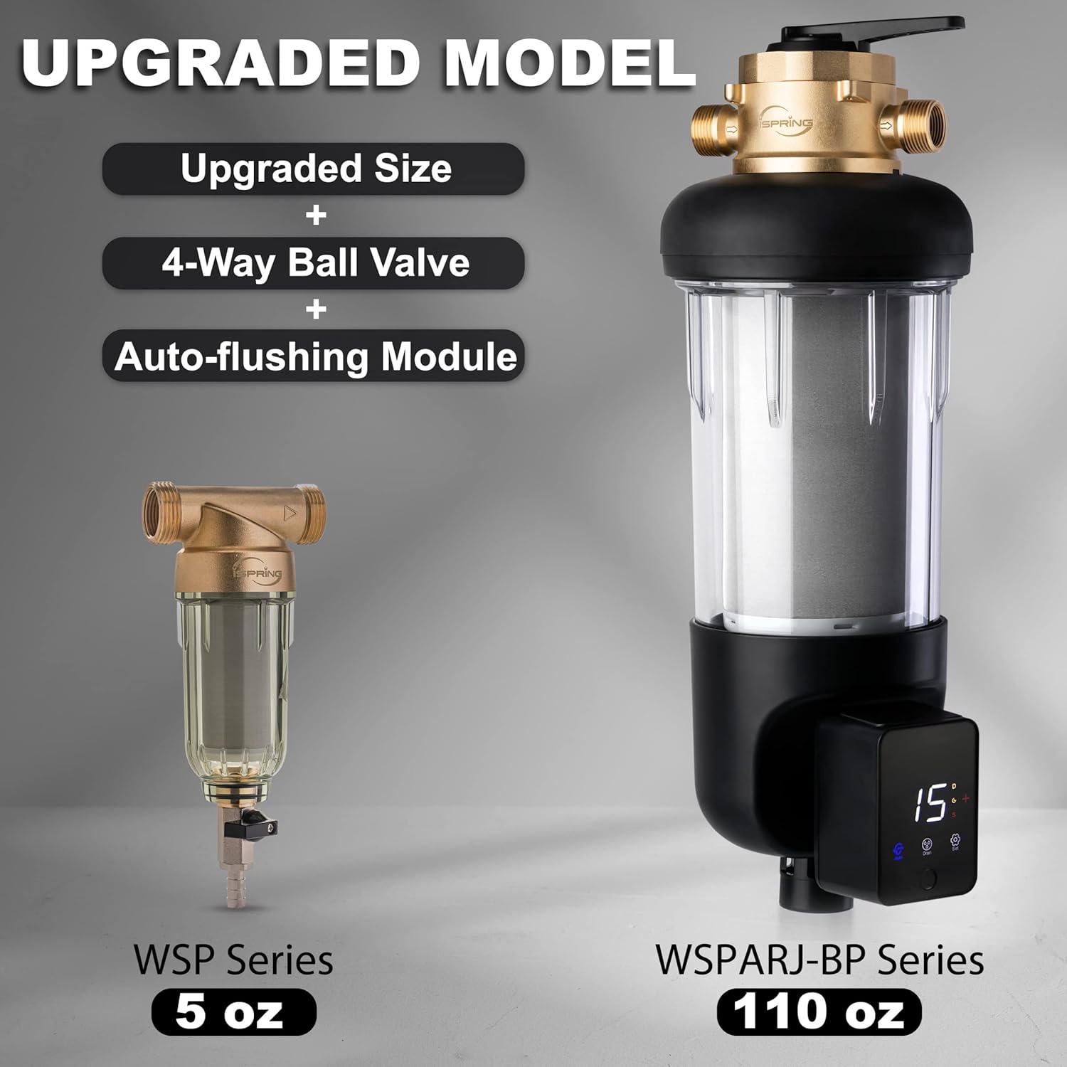 iSpring WSP100ARJ-BP Whole House Water Filter System Prefilter, Auto Flushing Spin Down Sediment Filter for Well Water, Integrated Bypass, 4-Mode Touch-Screen, Reusable, Jumbo Size, 100 Micron