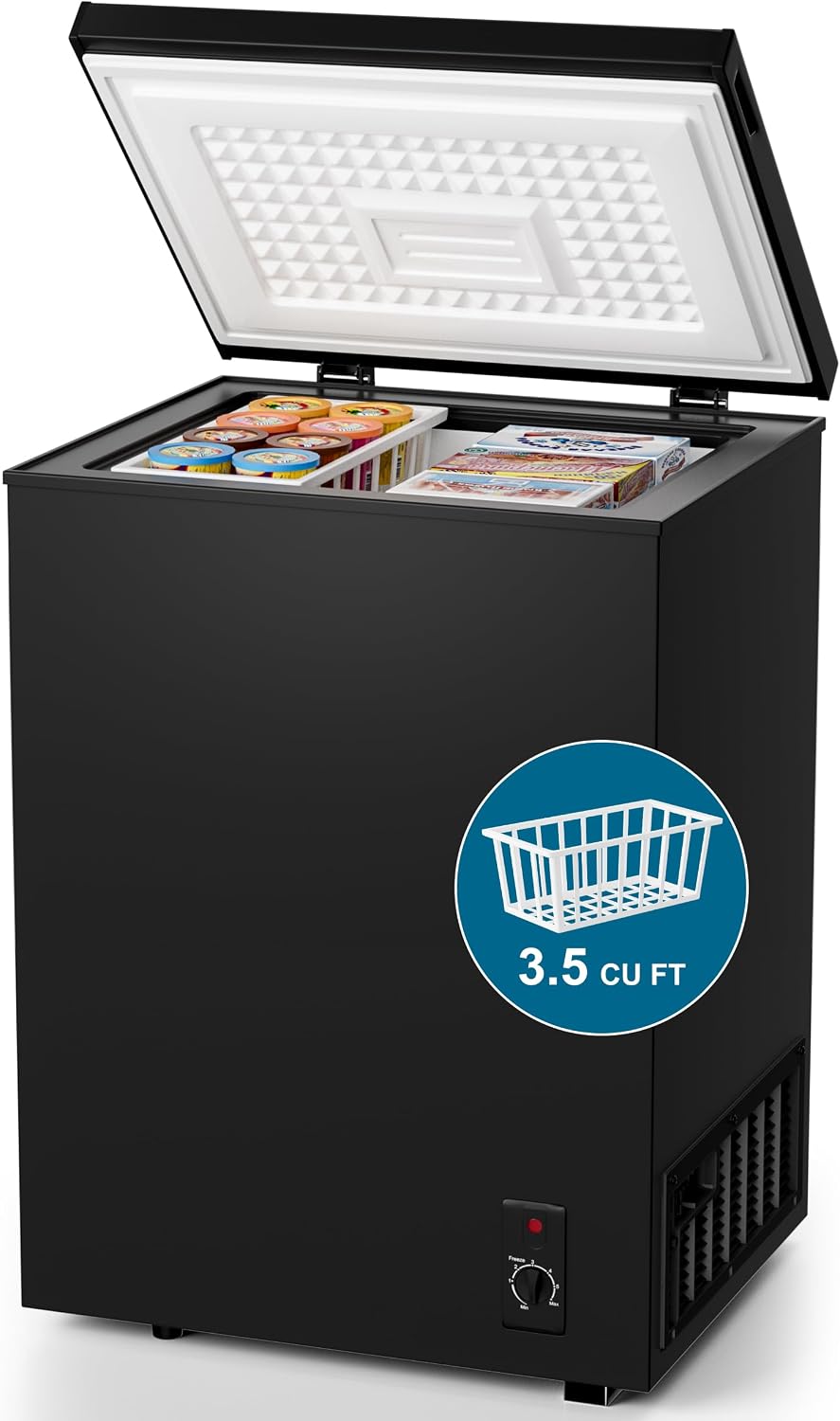 3.5 Cubic Feet Compact Chest Freezer with Removable Basket for Home/Kitchen/Office/Bar/Dorm - Top Open Door Energy Saving & Ultra-Quiet Manual Defrost Deep Freezer - Black